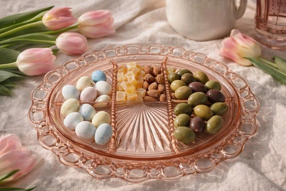 Vintage Pink Depression Glass Oval Relish Tray Lace Edge Divided Platter